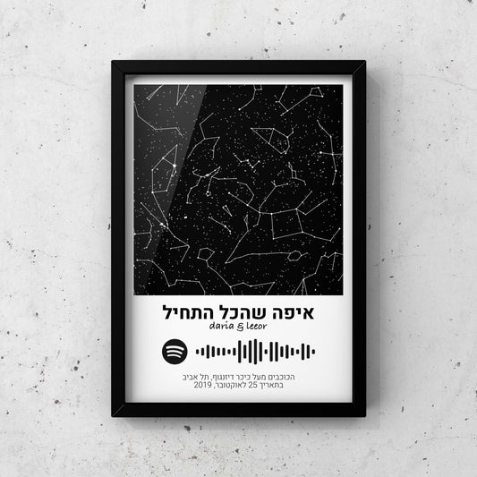 מפת כוכבים בהתאמה אישית לפי מיקום ותאריך עם סורק ספוטיפיי